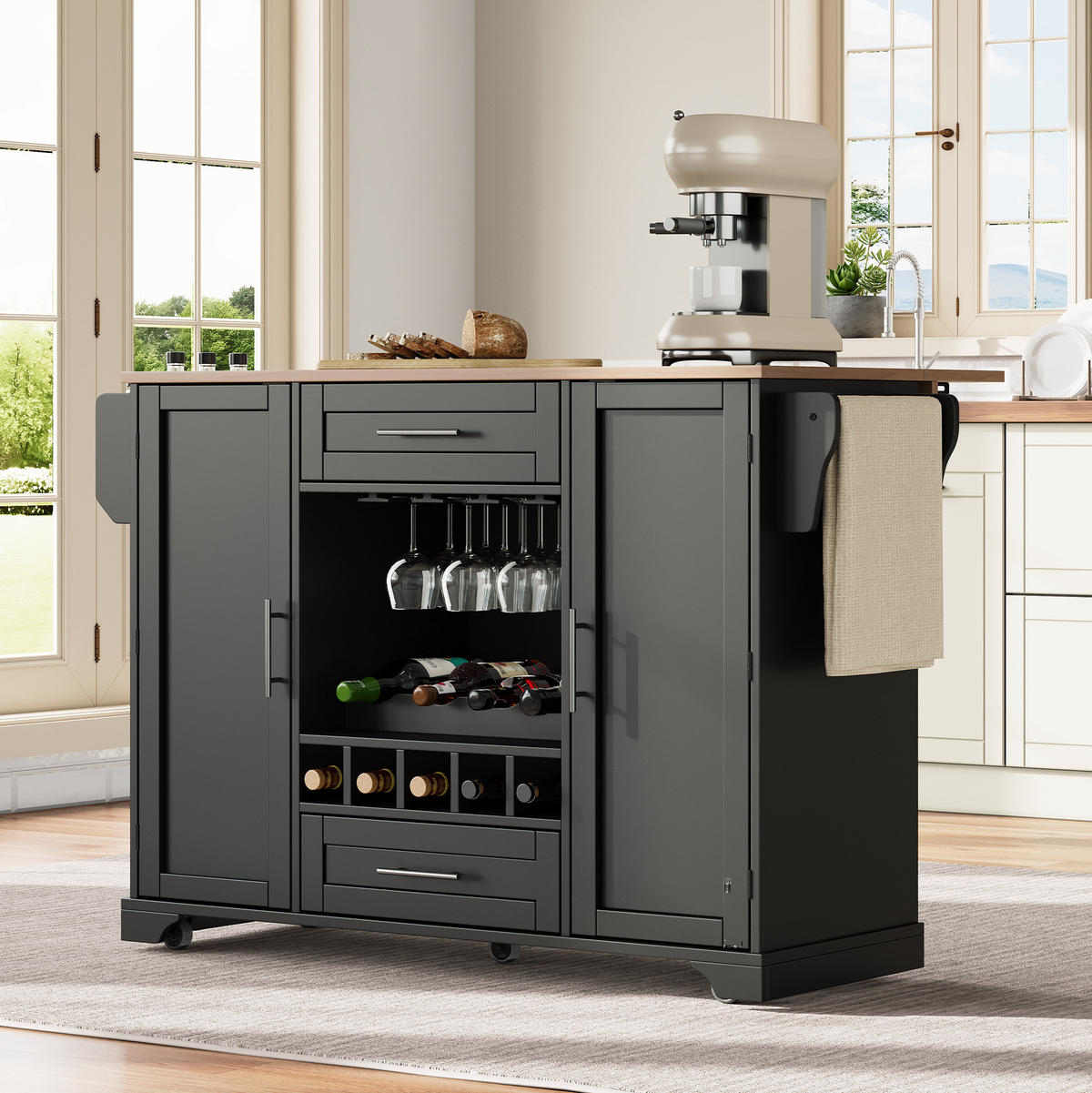 KÜCHENINSEL 138/45(70)/92 cm mit klappbarer Arbeitsplatte, Weinregal und Rollen, MDF, Schwarz/Natur - Schwarz, Holzwerkstoff (138/92/70cm) - Redom