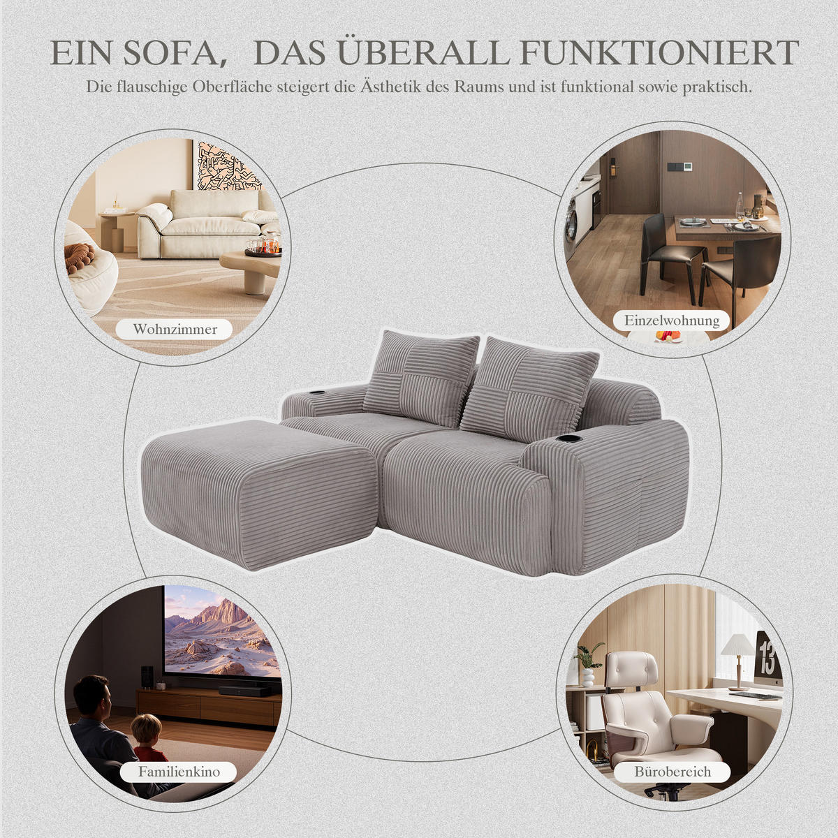 MODULARES 2-Sitzer Sofa Cordstoff mit Getränkehalter und Seitentasche 200/174/80 cm Hellgrau - Hellgrau, Textil (174/200cm) - Redom