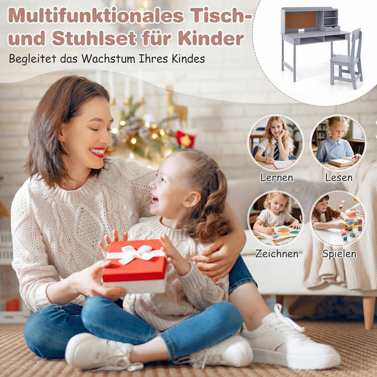KINDERSCHREIBTISCH-SET aus Holz grau(2-tlg) - Grau, Holzwerkstoff (110/110/60cm) - COSTWAY