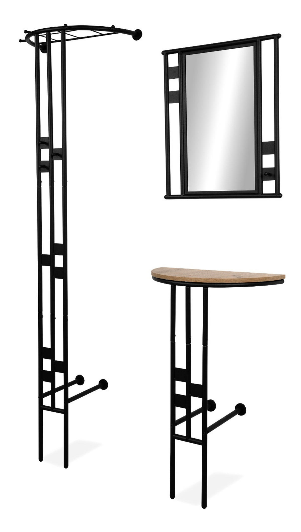 GARDEROBEN-SET 3-teilig schwarz Metall 130 cm, Flurgarderobe mit Spiegel - Schwarz, Metall (130/185/28cm) - Furn.Design