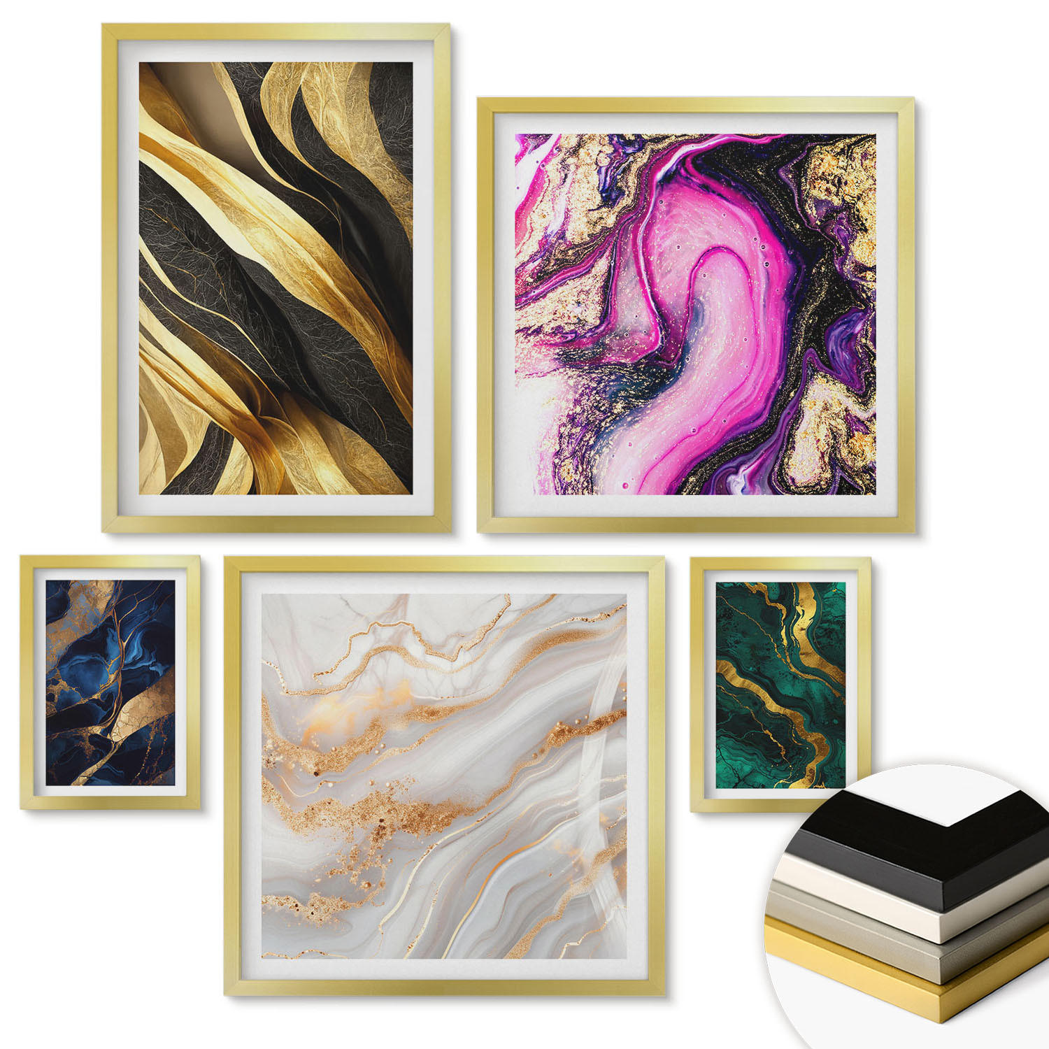 WANDBILDER 5er Set - 50x50 cm & 20x30 cm & 40x60 cm Goldrahmen - Abstrakter Marmor mit Farben - Goldfarben, Kunststoff (40/60cm) - ArtPrintCave