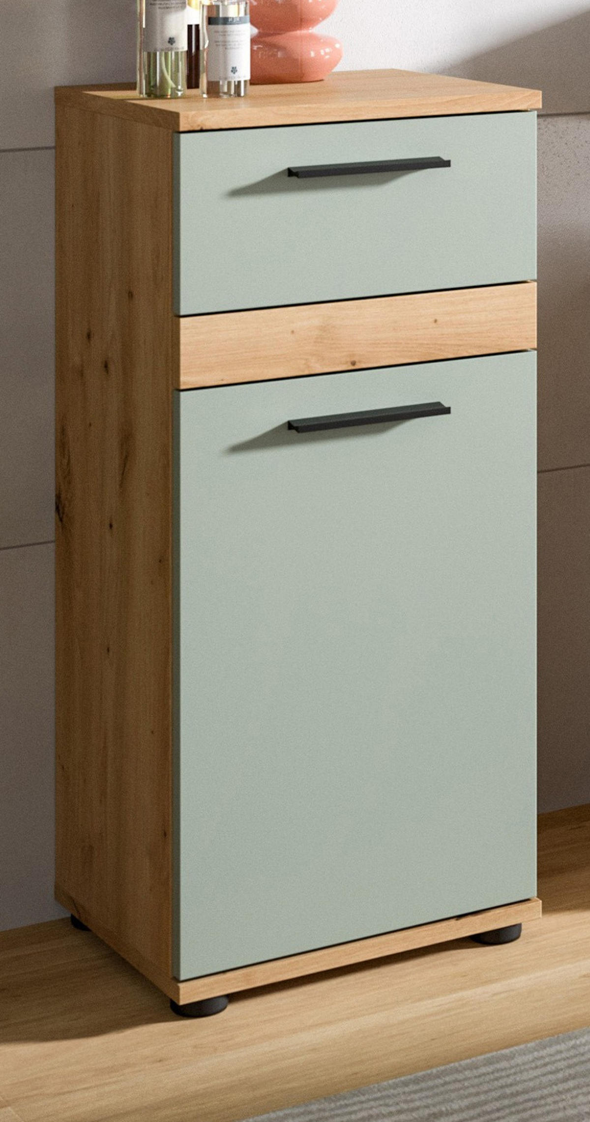 KOMMODE Salbei grün, Eiche Artisan 35 x 79 cm, Badschrank in modernem Design - Salbeigrün/Schwarz, Holzwerkstoff/Kunststoff (35/79/31cm) - Inn.Furn