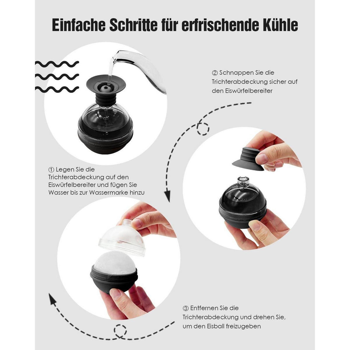 EISWÜRFELFORM 4er Set 6 cm Kugel mit Trichterdeckel Schwarz - Schwarz, Kunststoff (7/8.5/7cm)