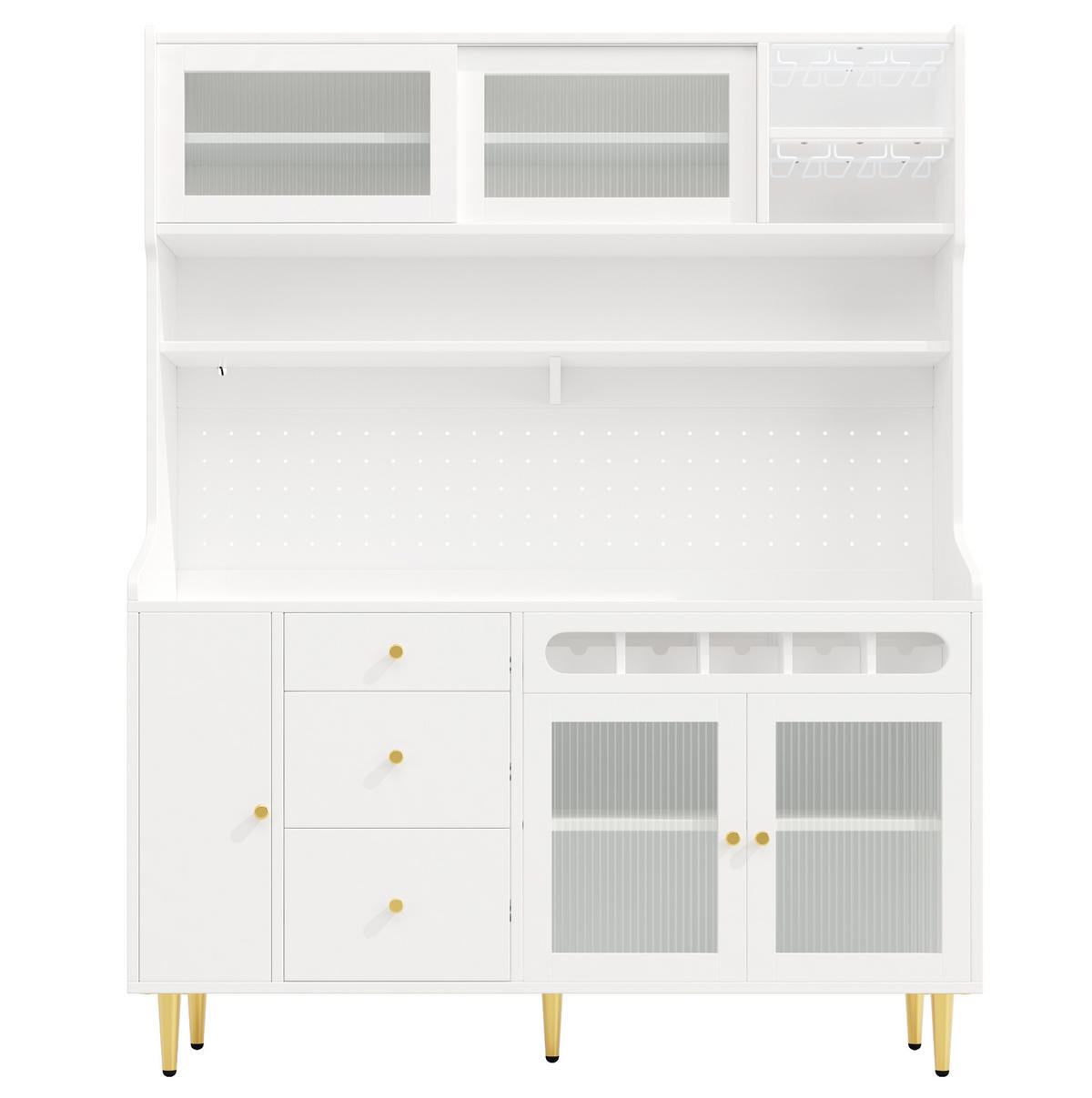 BUFFET 145/39/171 cm Weiß aus MDF mit LED und Weinregal - Weiß, Glas (145/171/39cm) - OKWISH