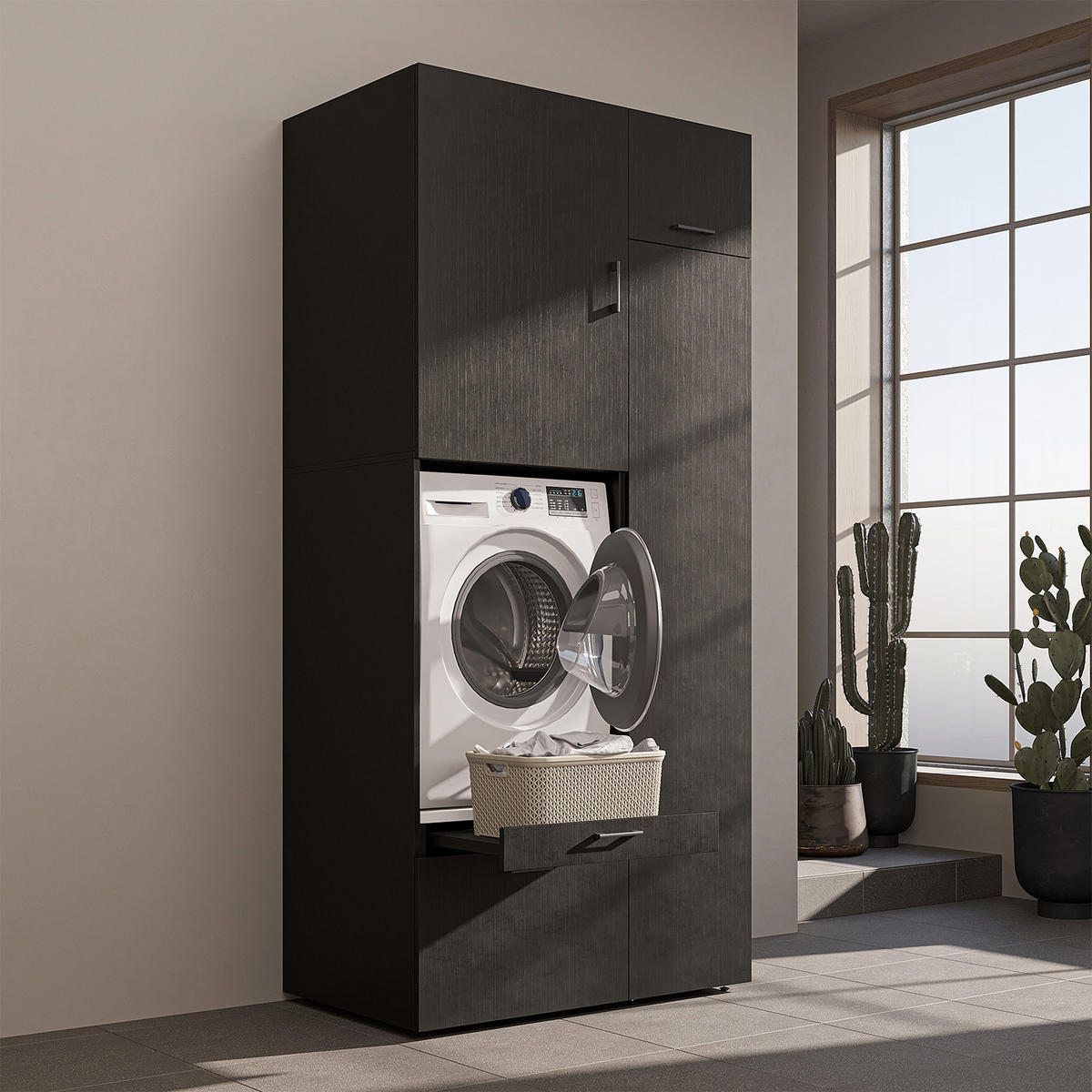 WASCHMASCHINENSCHRANK Serie 2 112cm Breit, 240cm Hoch - Schwarz, Holzwerkstoff (112/240/67cm)