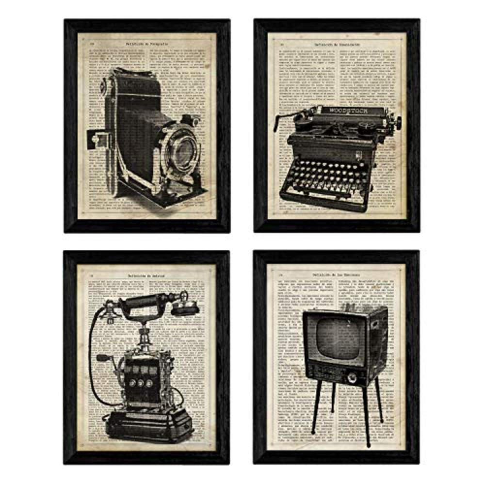 POSTER Set mit 4 Kamera, Schreibmaschine, Telefon und TV Foto Definitionen, Emotionen, Freundschaft und Kommunikation A4 Schwarzer Rahmen - Schwarz, Papier (29.7/3cm) - Nacnic