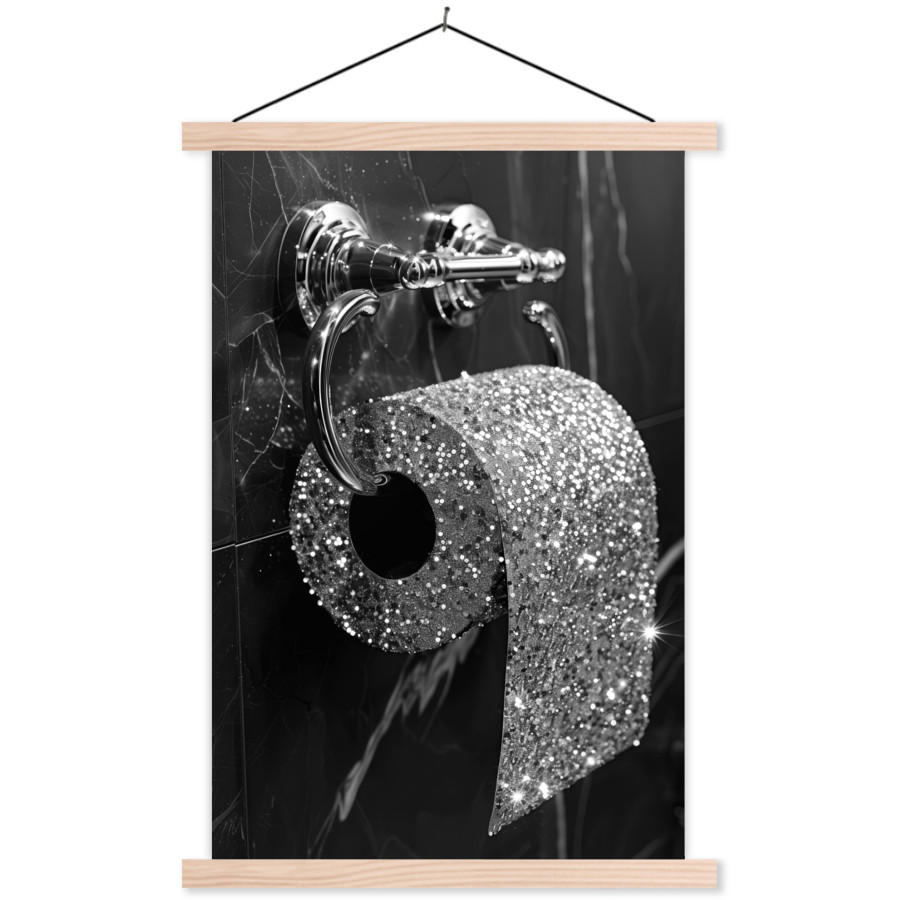POSTER WC - Toilettenpapier - Schwarz und weiß - Glitter 40x60 cm - Silberfarben, Textil (40/60/0.15cm) - MuchoWow