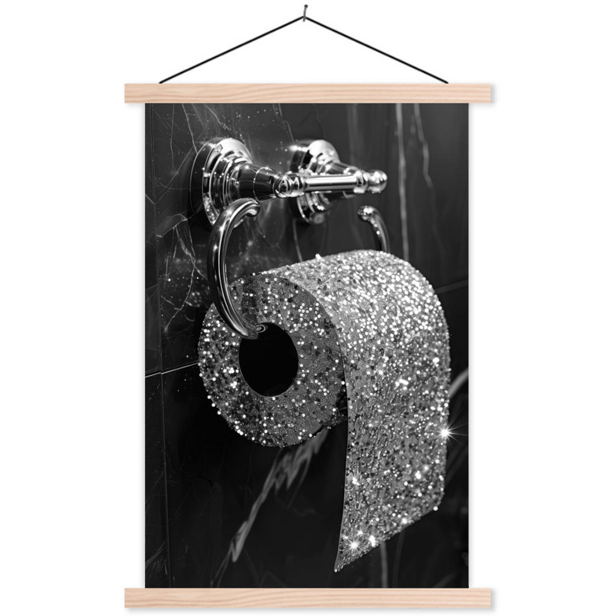 POSTER WC - Toilettenpapier - Schwarz und weiß - Glitter 60x90 cm - Silberfarben, Textil (60/90/0.15cm) - MuchoWow