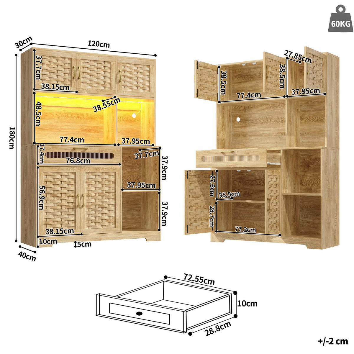 SKŘÍŇ na nádobí 120/40/180 cm přírodní MDF se sklem a LED osvětlením - přírodní, sklo (120/180/40cm) - BEAOK