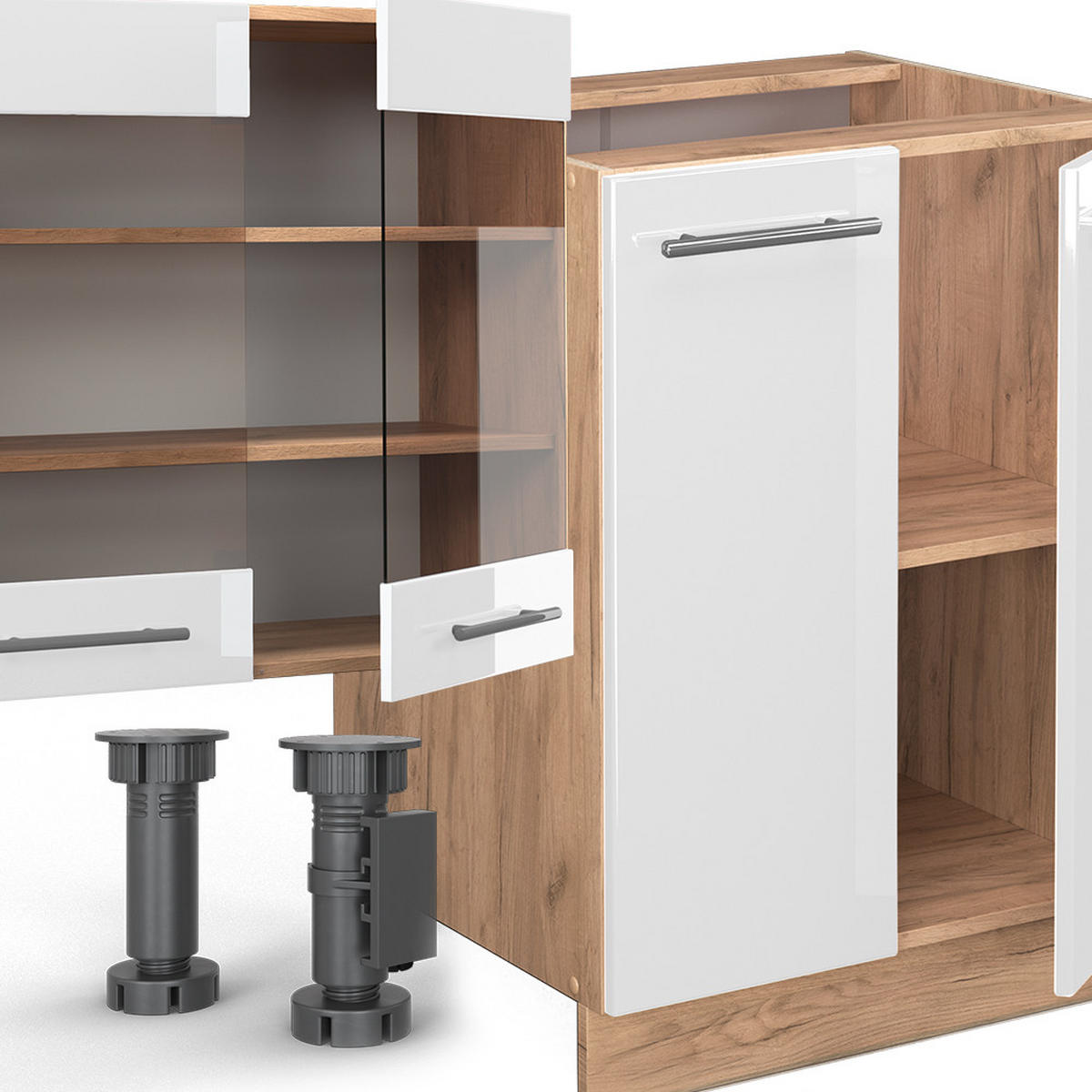 KÜCHENZEILE Fame-Line Weiß Hochglanz/Goldkraft Eiche 300 cm AP Marmor - Honigeiche/Weiß Hochglanz, Holzwerkstoff (300/81.6/60cm) - Vicco