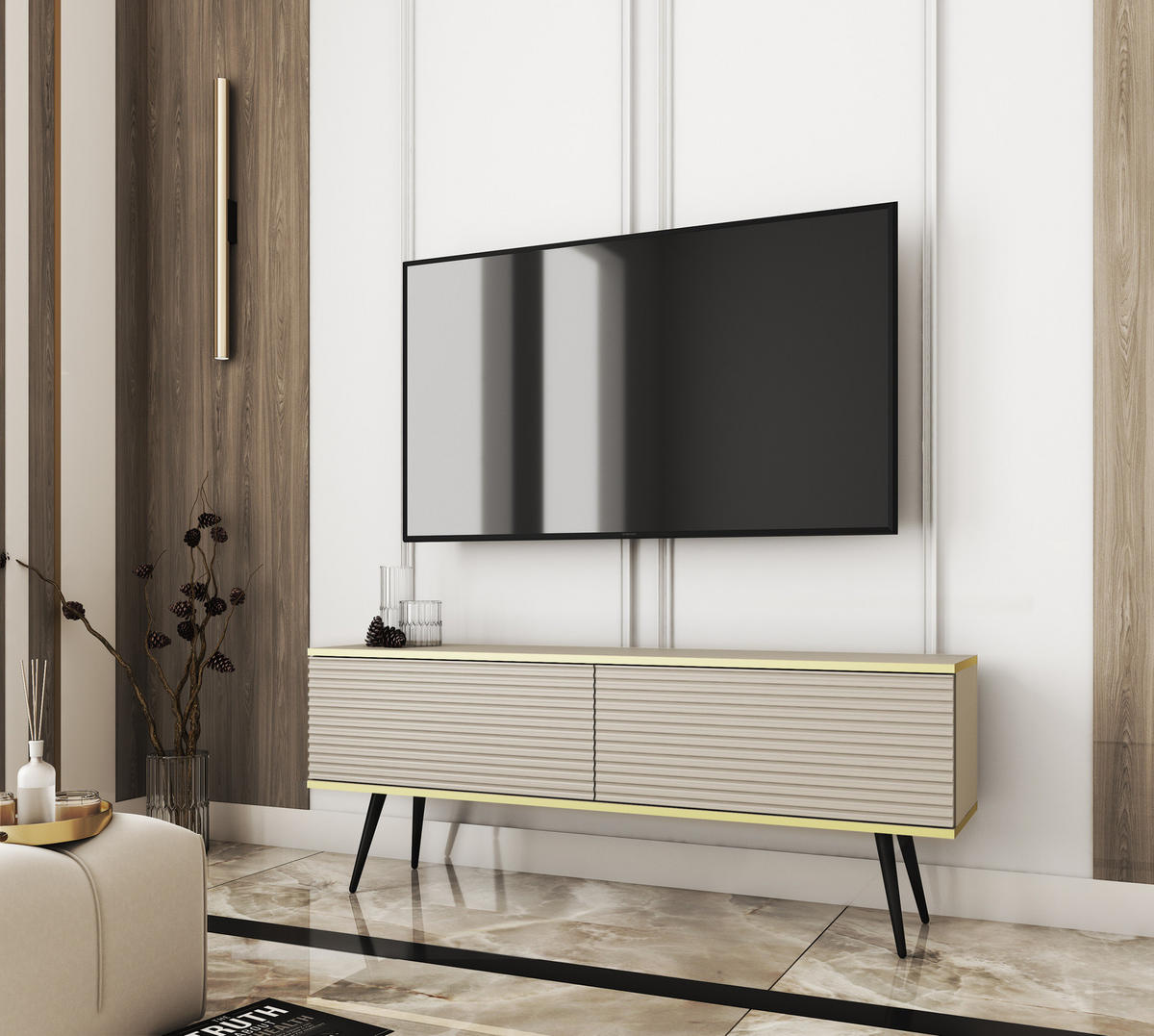TV-BOARD FORNO (Beige, Rillenfront, Goldene Details, 2 Klapptüren, schwarze Metallfüße, 135 cm) - Beige/Schwarz, Holz/Holzwerkstoff (135/53/32cm) - Ravio
