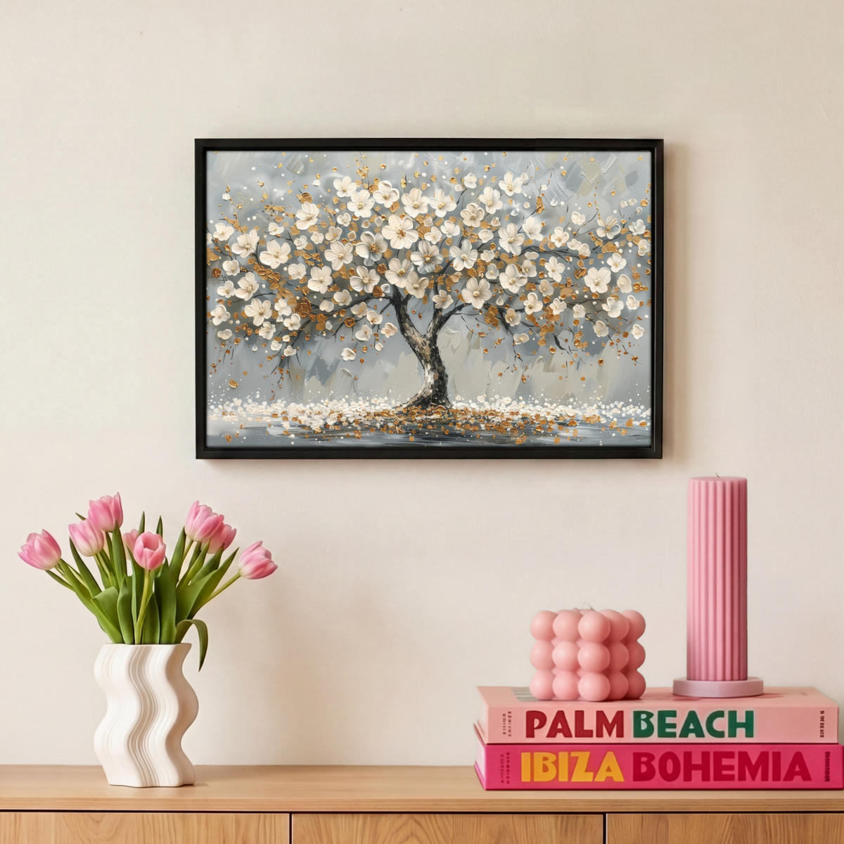 LEINWAND Bilder mit Rahmen - Baum - Blumen - Weiß - Natur - Kunst - 30x20 - Weiß, Textil (30/20cm) - MuchoWow