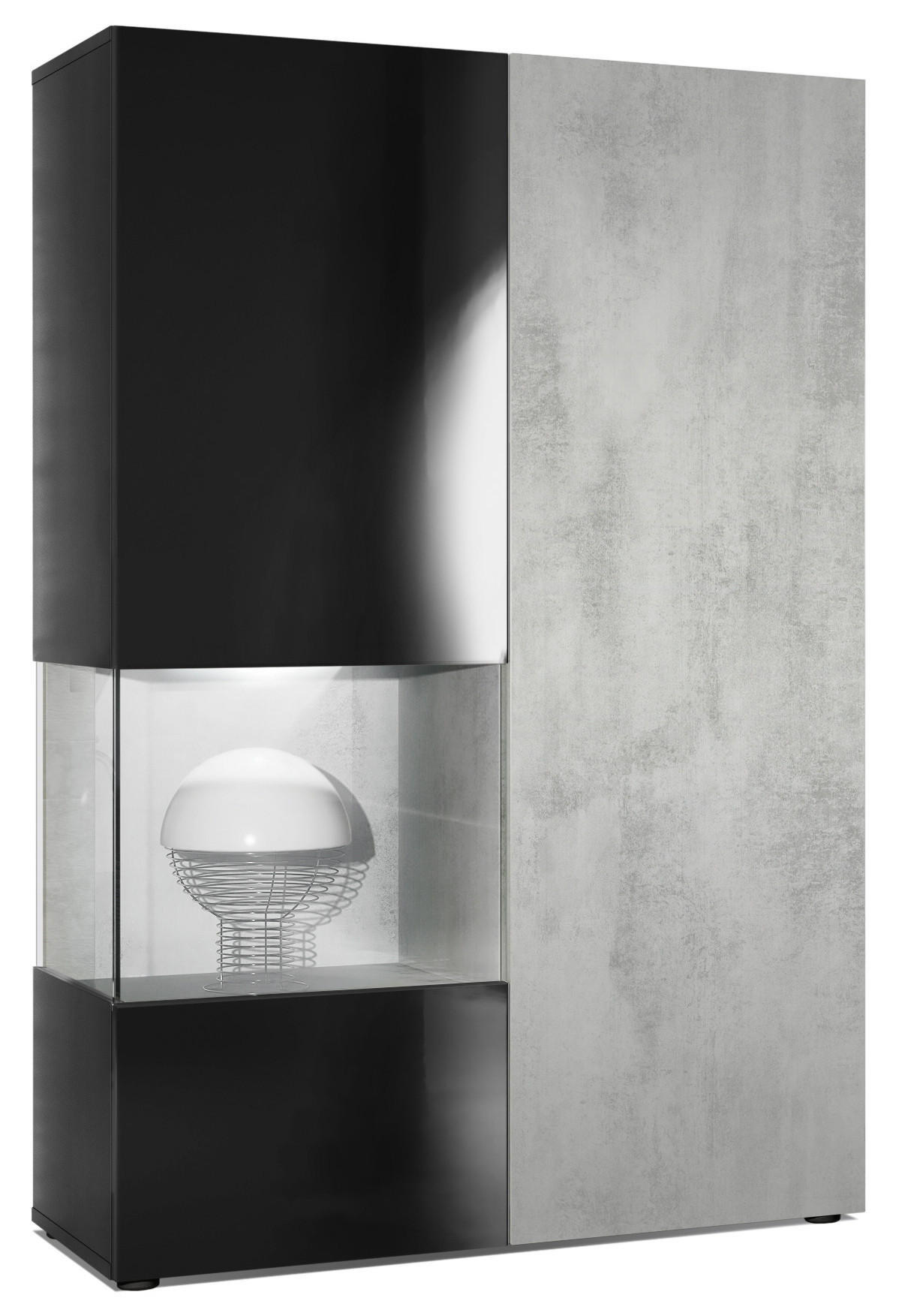VITRINE Morena Tür und Einsatz in Beton Oxid Optik - Hellgrau, Holzwerkstoff (91.5/136.5/37cm) - Vladon