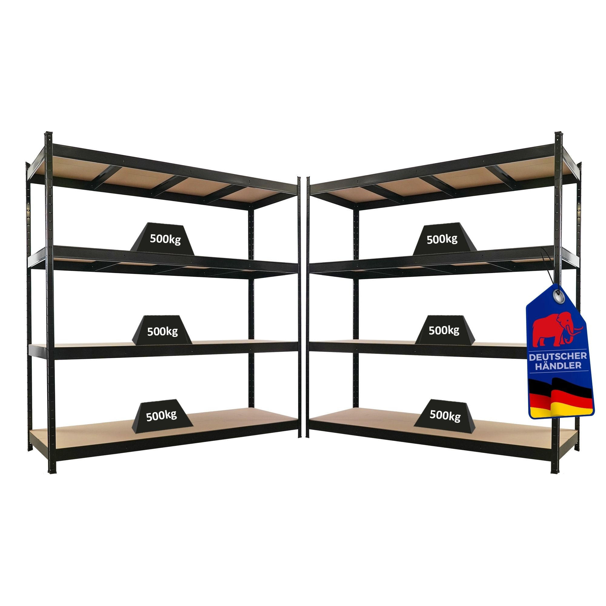 SCHWERLASTREGAL 2 Stück Hercules 200x200x60cm 4 MDF-Platten-Ebenen Fachlast 500kg Schwarz - Schwarz, Metall (200/200/60cm) - PROREGAL