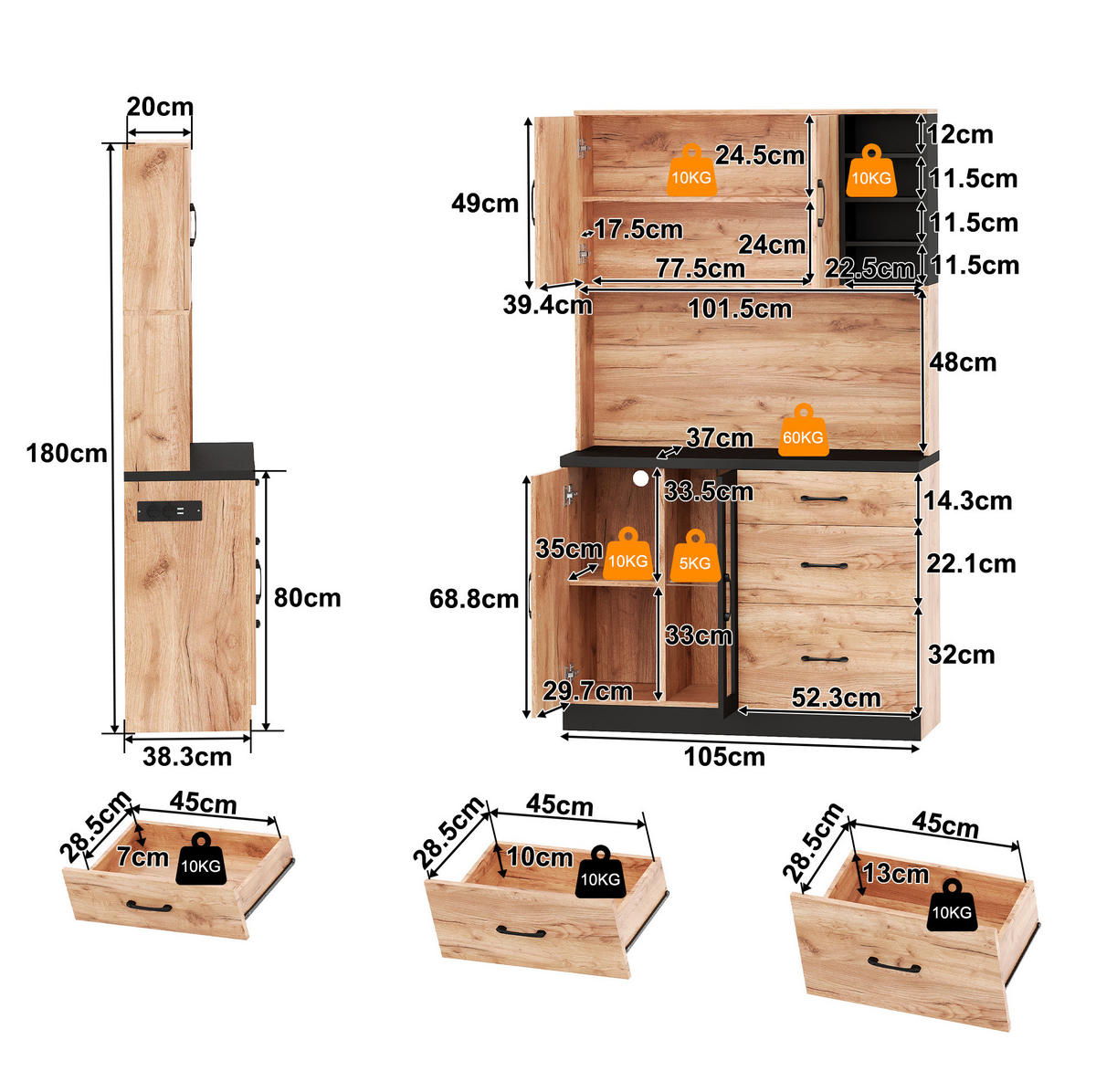 BUFFET 105/40/180 cm neutral aus MDF mit LED und Steckdose - Naturfarben, Holzwerkstoff (105/180/40cm) - OKWISH