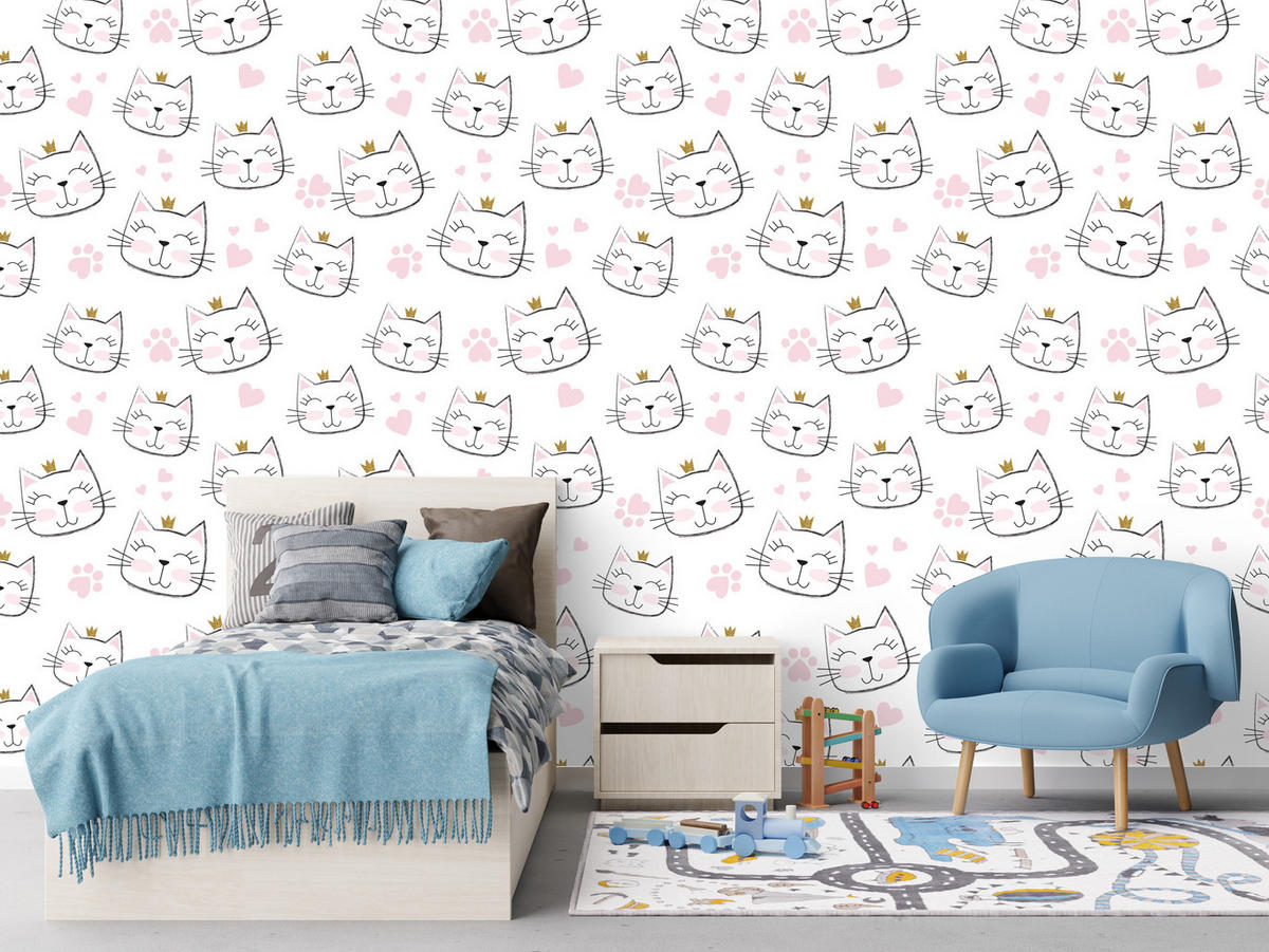 VLIESTAPETE Katzen mit Kronen und Herzen – Rosa, Grau, Weiß – 50x1000 cm - Rosa/Weiß, Papier (50/1000cm) - Muralo