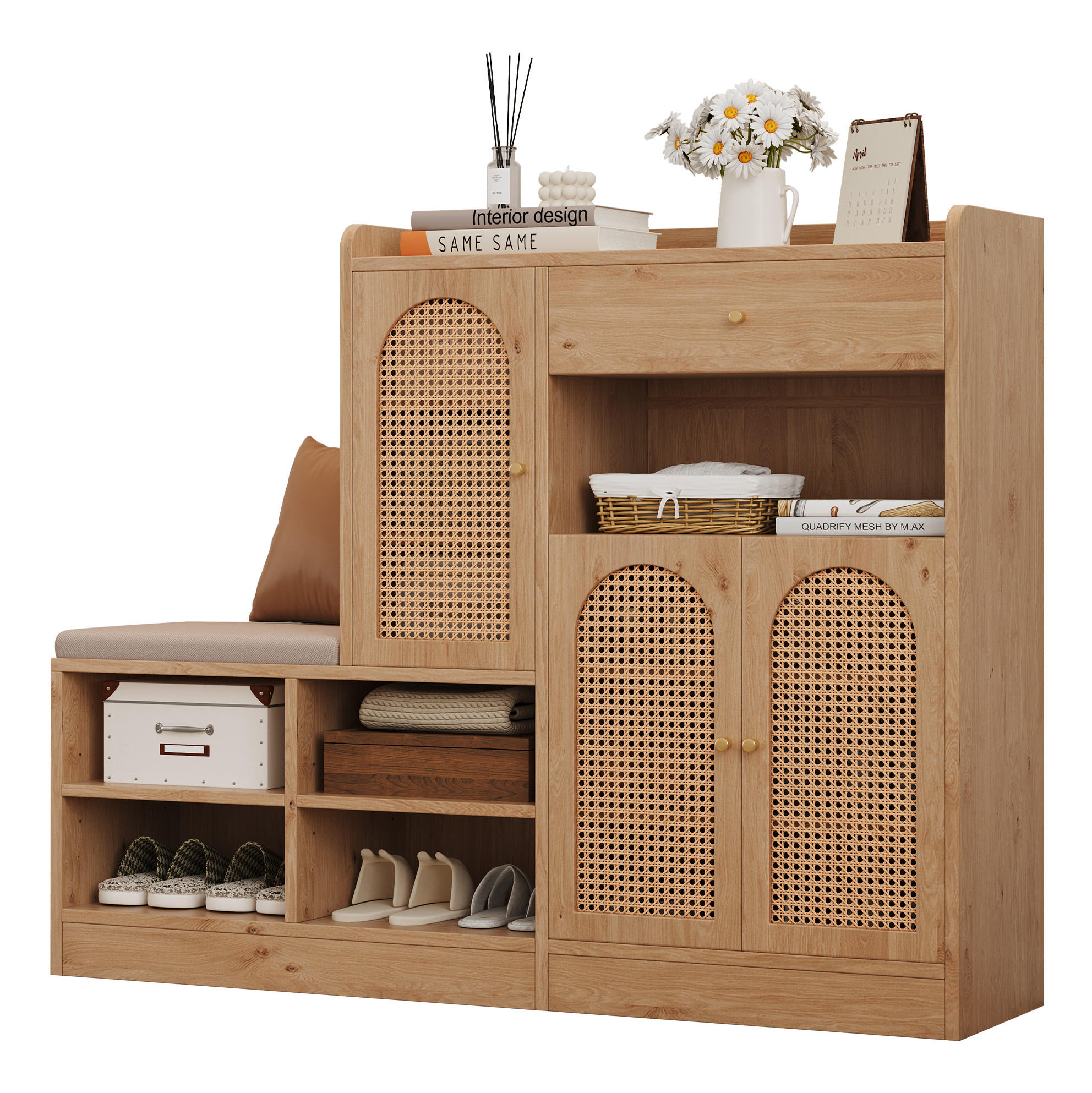 SCHUHSCHRANK 142/35/110 cm mit gepolsterter Sitzbank, Schublade und 3 Rattantüren aus Spanplatte, Natural - Naturfarben, Holzwerkstoff (142/110/35cm) - Redom