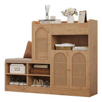 SCHUHSCHRANK 142/35/110 cm mit gepolsterter Sitzbank, Schublade und 3 Rattantüren aus Spanplatte, Natural - Naturfarben, Holzwerkstoff (142/110/35cm) - Redom