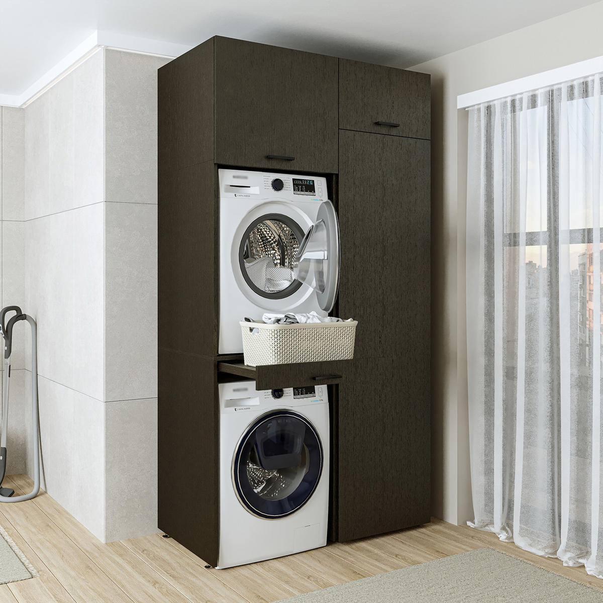 WASCHMASCHINENSCHRANK DUO-I 127cm Breit, 240cm Hoch - Schwarz, Holzwerkstoff (127/240/67cm)