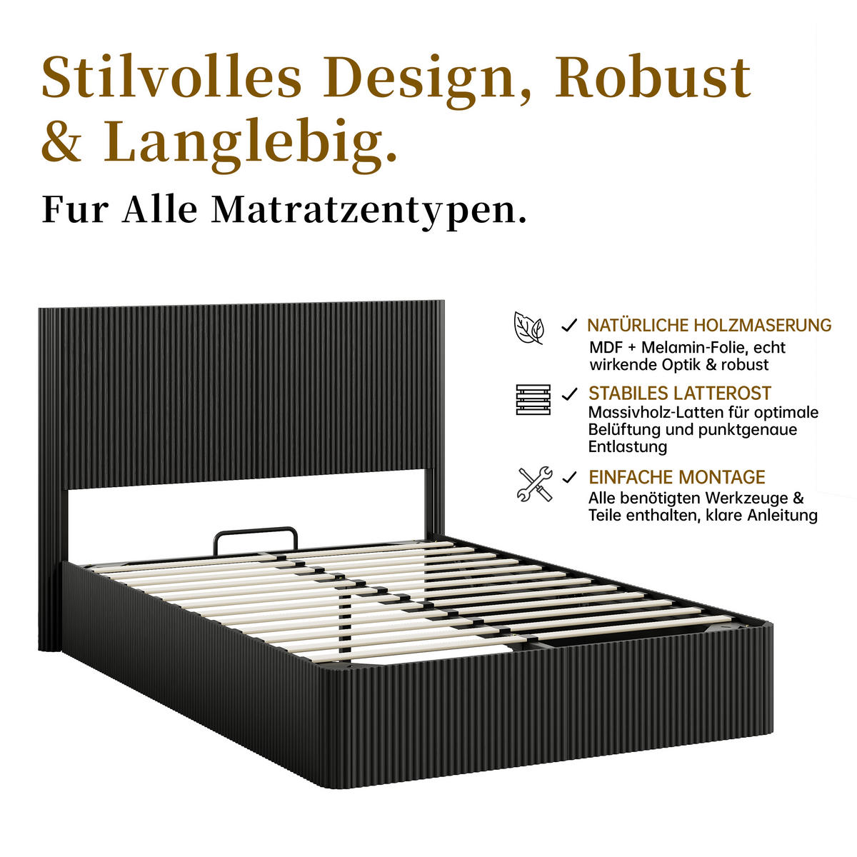 BETT 140/200 cm in Schwarz mit Stauraum und Lift-System - Schwarz, Holzwerkstoff/Metall (140/200cm) - WISHDOR