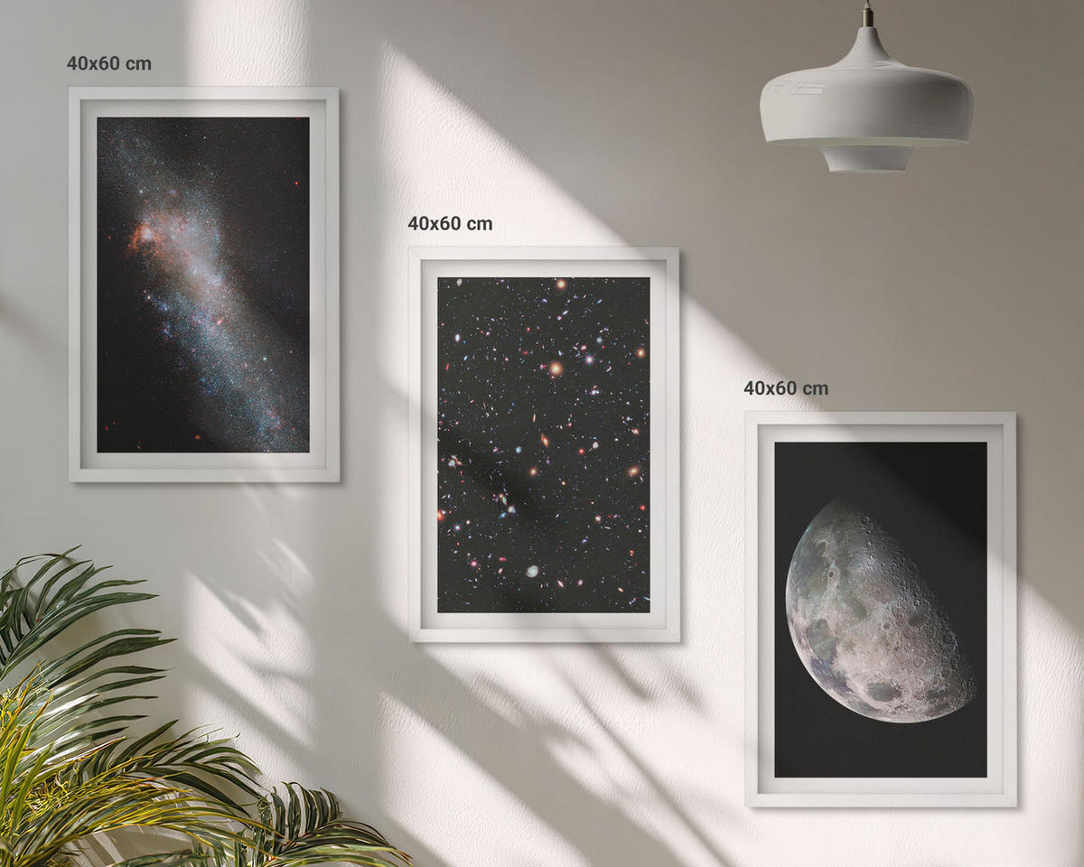 BILDER SET 3er Set - 40x60 cm Weißer Rahmen - Weltraum Galaxien Sterne Mond - Weiß, Kunststoff (40/60cm) - TULUP