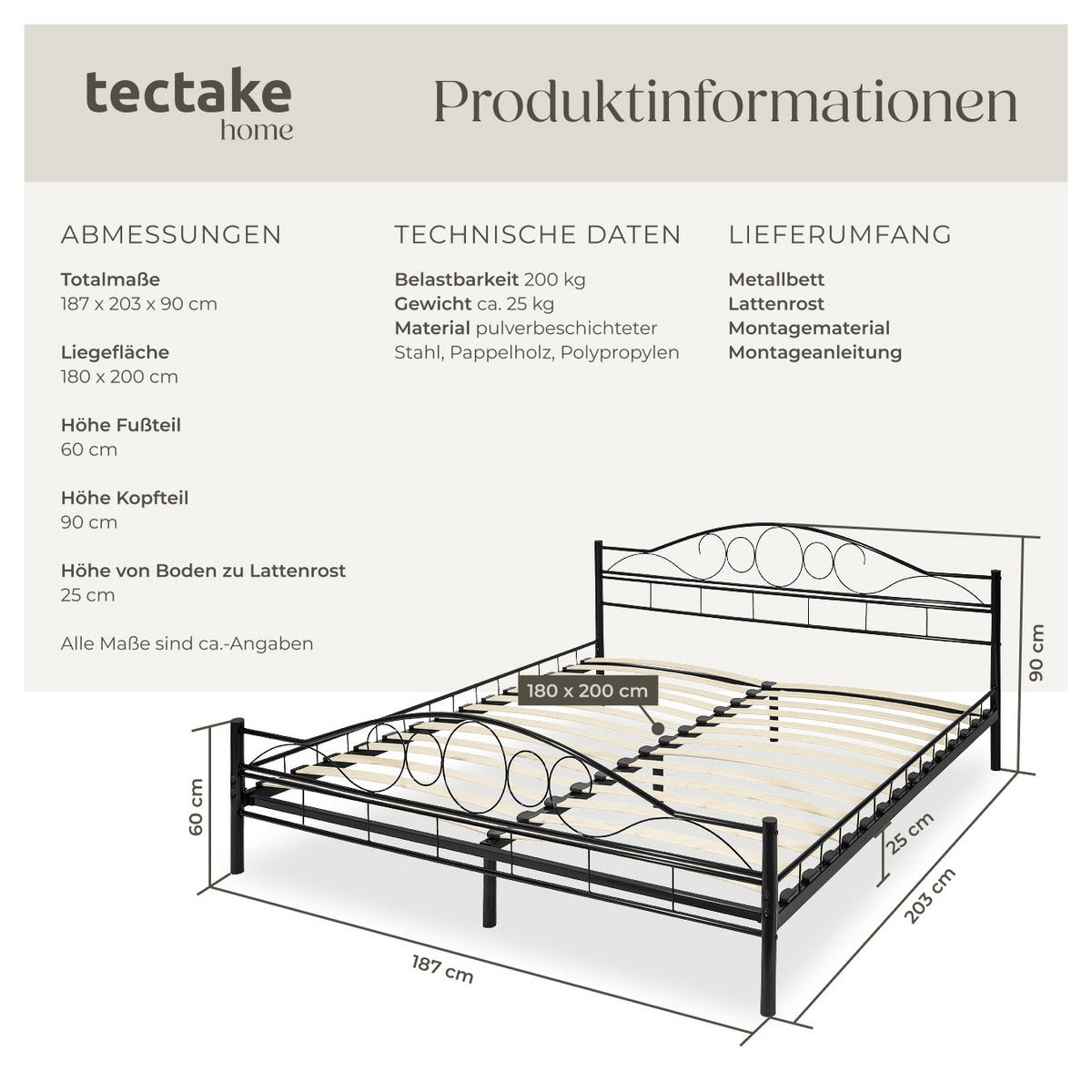 METALLBETT Sonno,180 x 200 cm,schwarz/schwarz - Schwarz, Metall - tectake