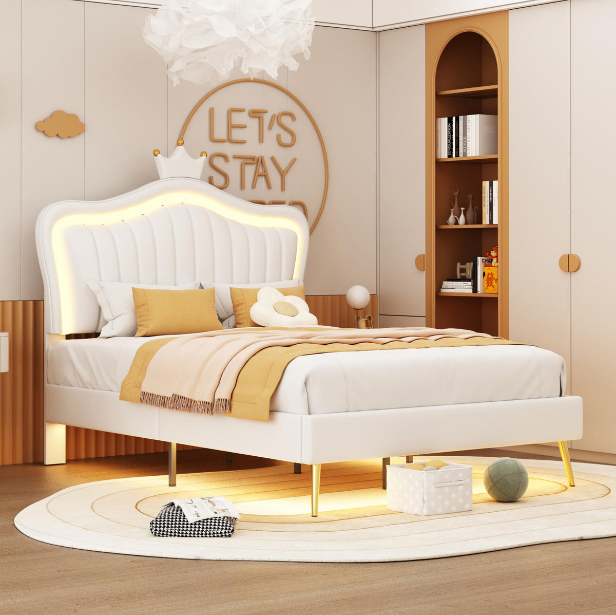DETSKÁ posteľ 90/200 cm biela s LED osvetlením a nastaviteľným čelom z MDF a umelej kože - biela, textil (90/200cm) - OKWISH