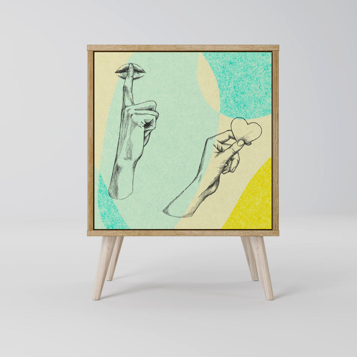 SIDEBOARD BODY LANGUAGE, Grau, 57,5x42x77,5 cm, Schräge Buchenholzfüße - Buchefarben/Multicolor, Holzwerkstoff/Buchenholz (57.5/77.5/42cm) - SpaceRebels