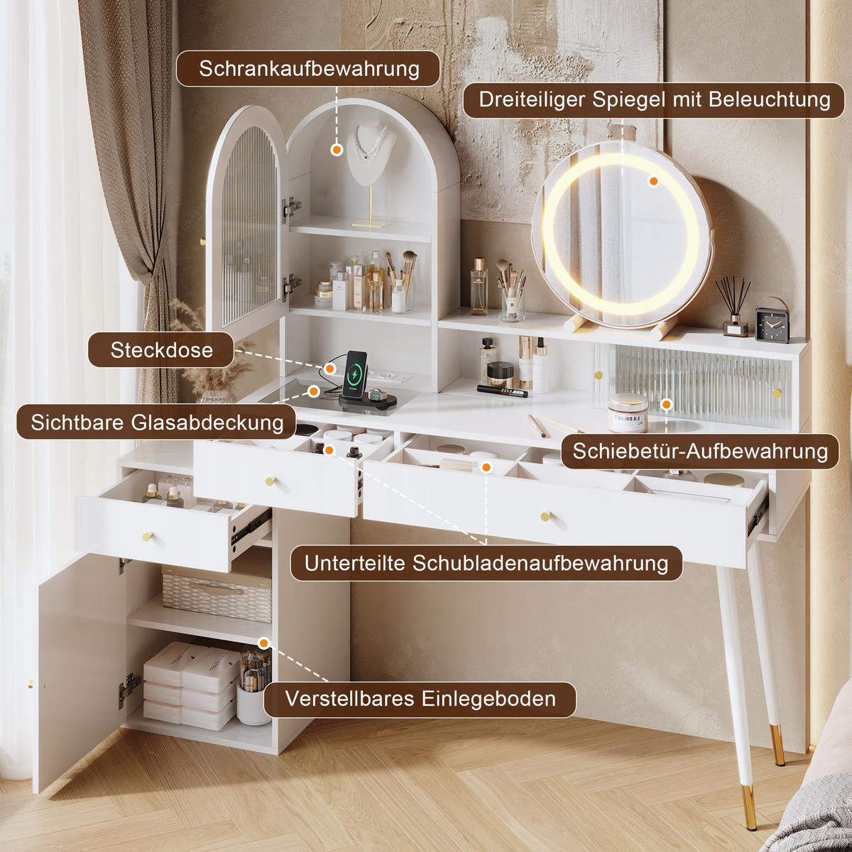 SCHMINKTISCH LED Spiegel USB Type C Glasplatte Weiß - Weiß, Glas (140/140/40cm) - FLIEKS