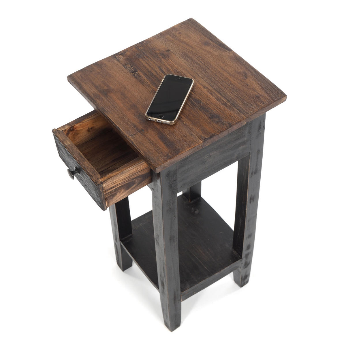 TELEFONTISCH DRAWER 65 Mahagoni Recyclingholz, mit Schublade 04 schwarz-natur - Graubraun, Holz (31/31/65cm) - DESIGN DELIGHTS