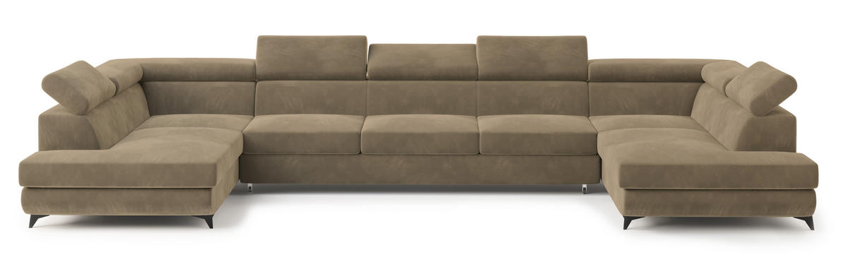 WOHNLANDSCHAFT URMANO Beige Velours-Stoff mit Schlaffunktion - Beige, Holz (395/89/190cm) - MASSENO