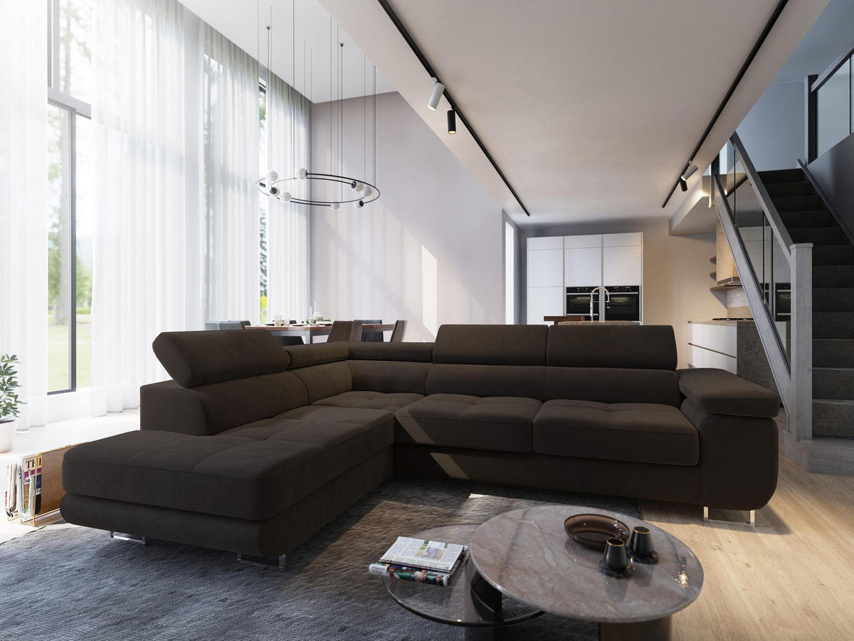 ECKSOFA SELVA L-S Braun Velours-Stoff mit Schlaffunktion - Braun, Holz (275/202cm) - MASSENO