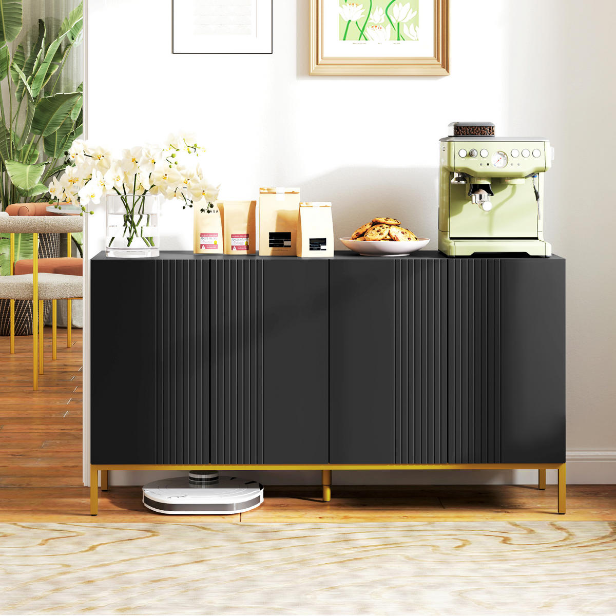 SIDEBOARD Schwarz und Goldfarben, 4 Türen, 140/40/75 cm - Schwarz, Holz (140/75/40cm) - PANGIVO