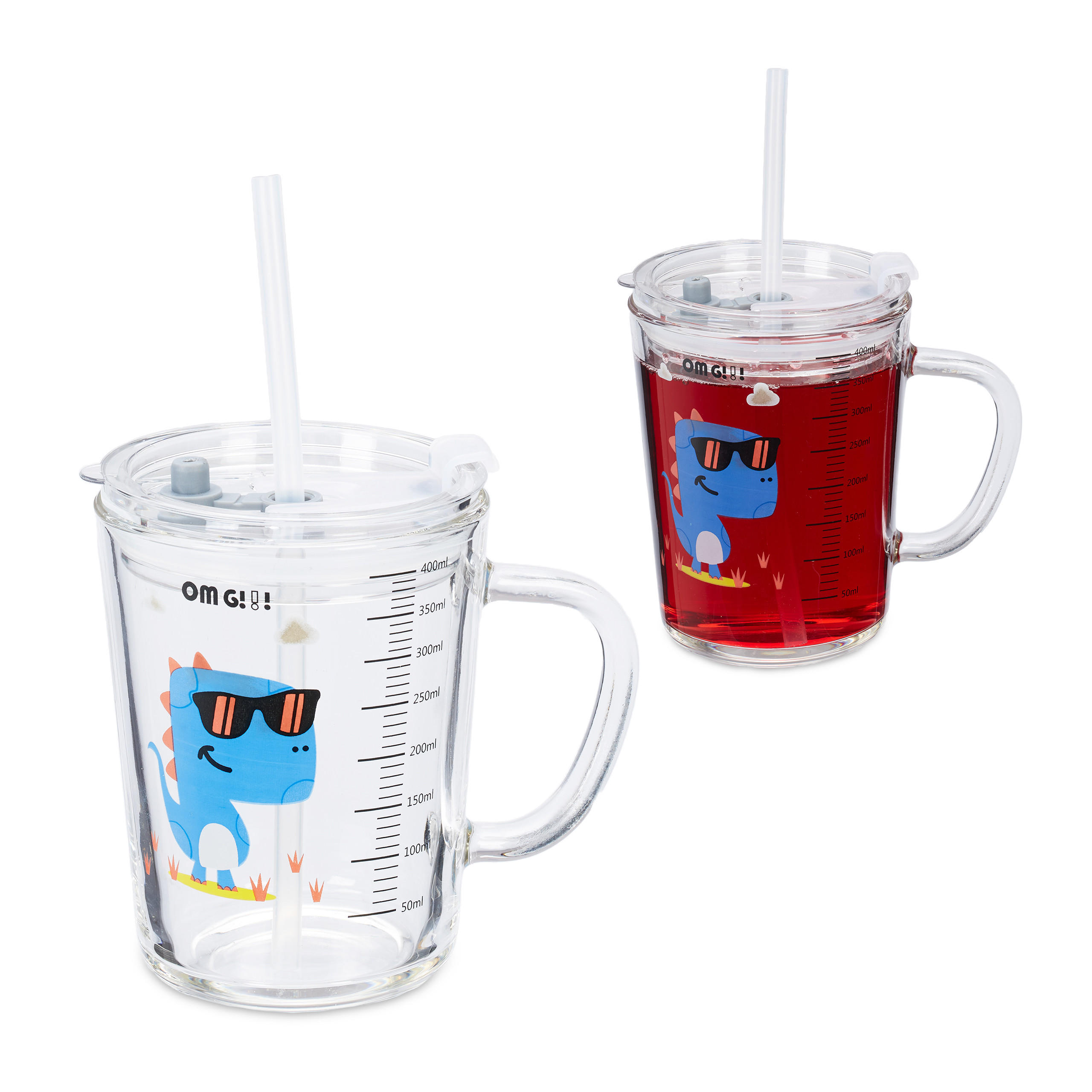 GLAS Transparent Blå 2-pack dinosauriemotiv 400 ml - Transparent, Glas/Plast (0.4L) - Relaxdays