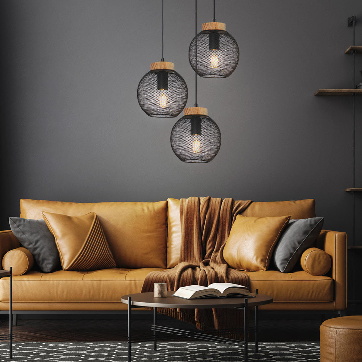 HÄNGELEUCHTE Metall Drahtgeflecht Schwarz - Schwarz, Holz (44/44/120cm) - Globo Lighting