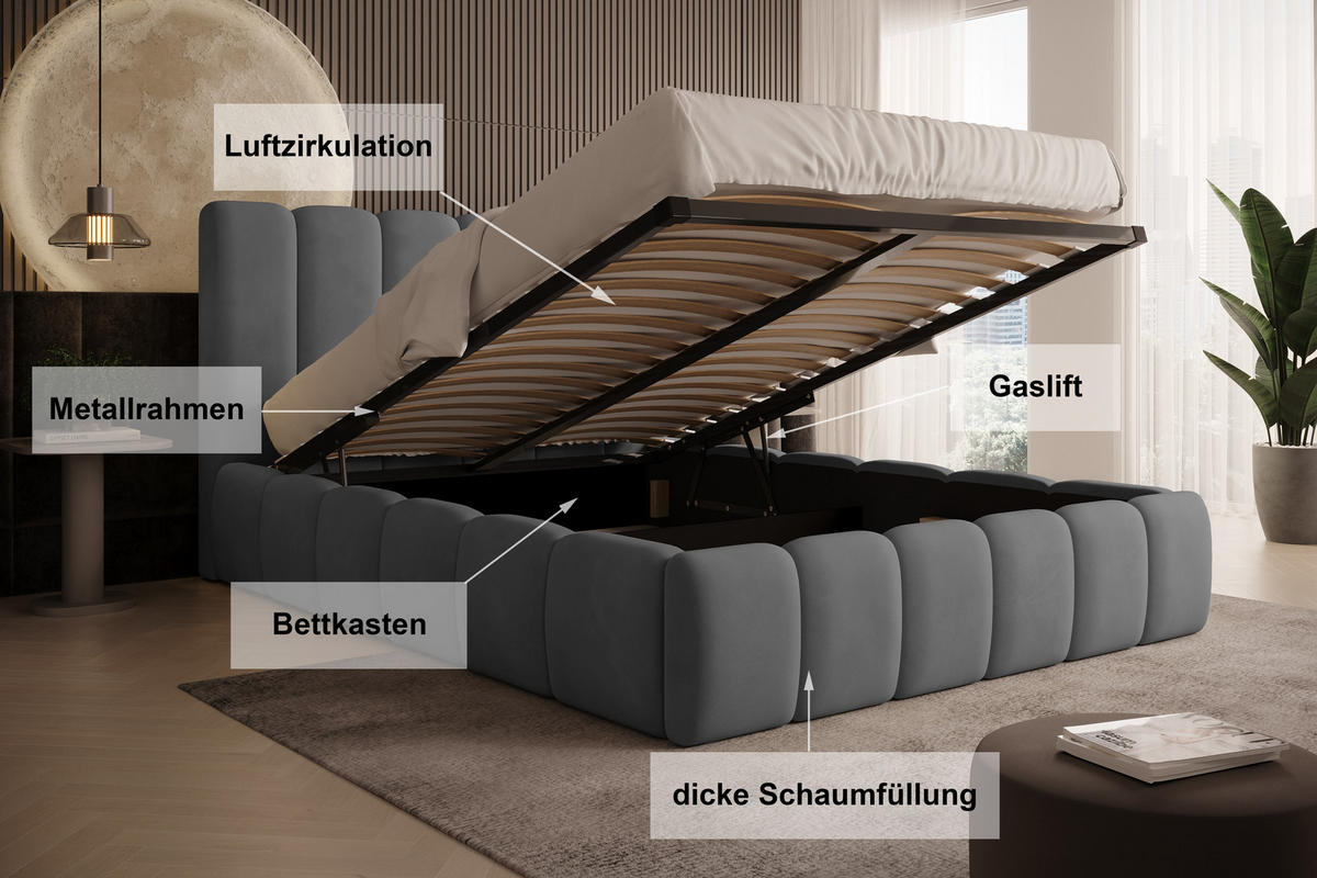 POLSTERBETT Vilo 200x200 mit Bettkasten und Stabilem Metallgestell - Grau, Textil (200/200cm) - Storez24
