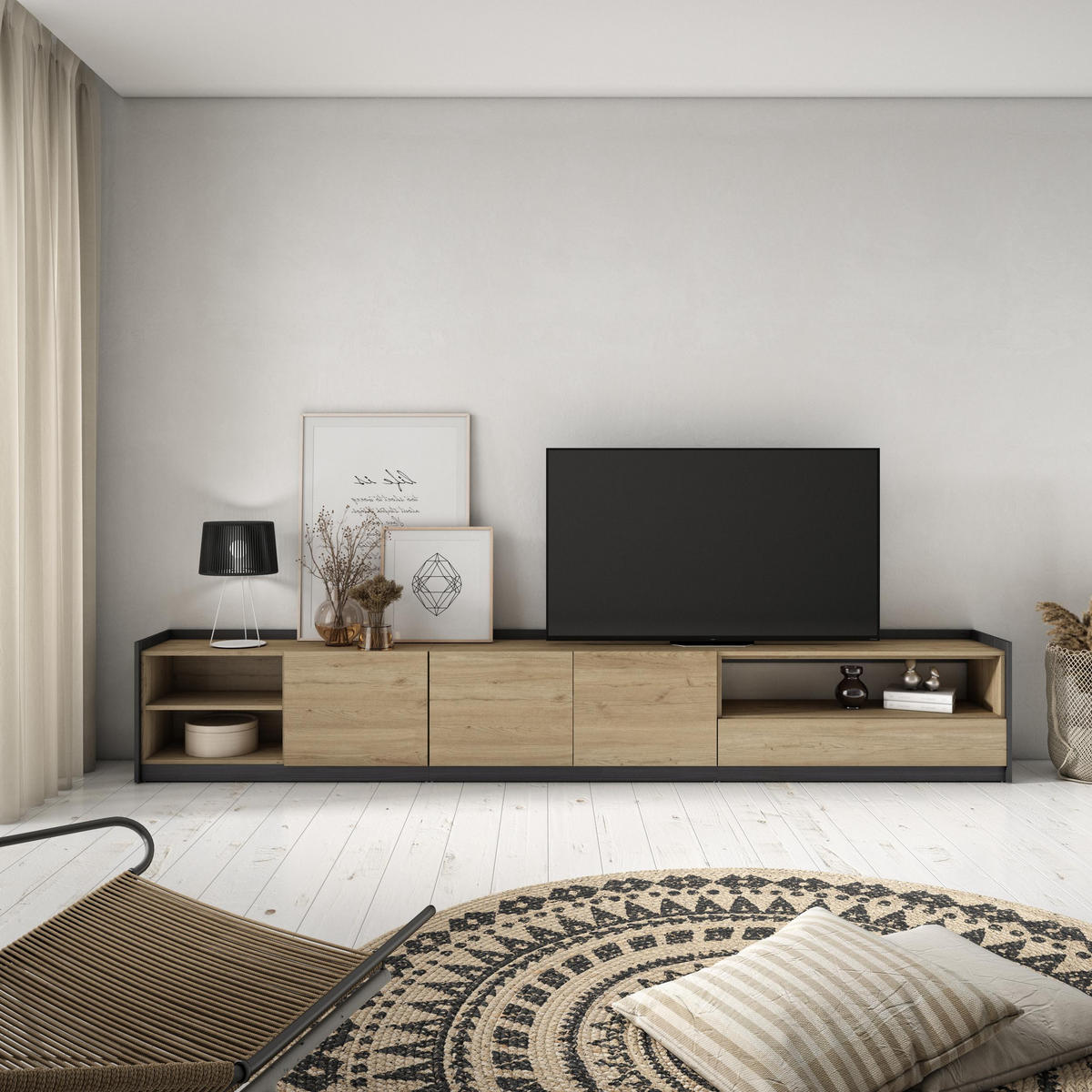 TV-SCHRANK, Lowboard, Eiche Schwarz, 310/37/50cm - Eichefarben, Holzwerkstoff (310/50/37cm) - Skraut Home