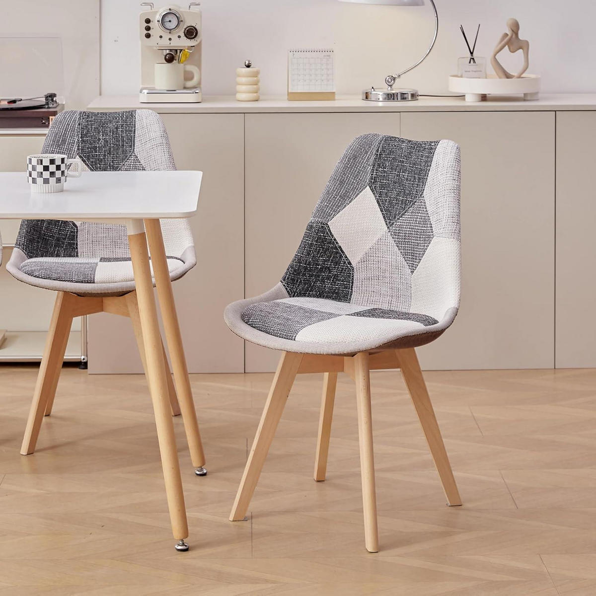 ESSZIMMERSTUHL 2-teiliges Set Patchwork Grau Stoff Massivholzbeine - Multicolor, Textil (49/83/42cm)