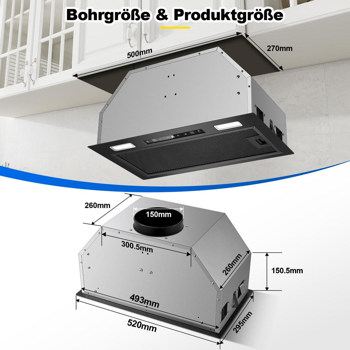 DUNSTABZUGSHAUBE Schwarz mit Touch-Bedienung, Aktivkohlefilter, Filter - Silberfarben, Metall (36.01/39.01/63.52cm) - Korfee