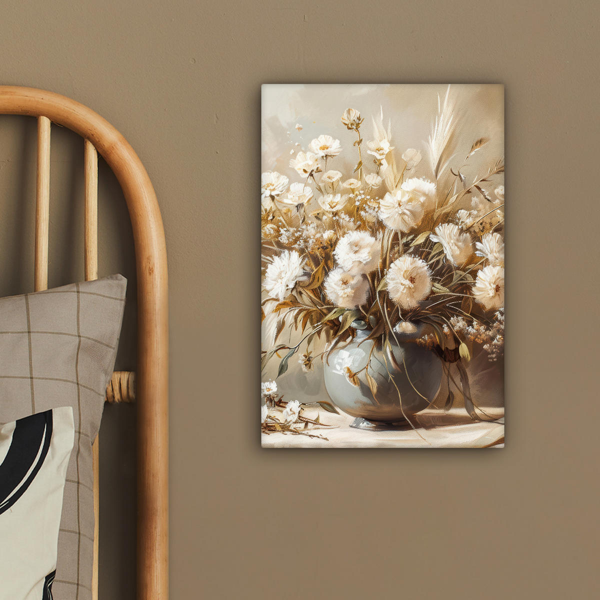LEINWANDBILD Blumen - Vase - Stilleben - Beige 20x30 cm - Creme, Textil (20/30cm) - MuchoWow