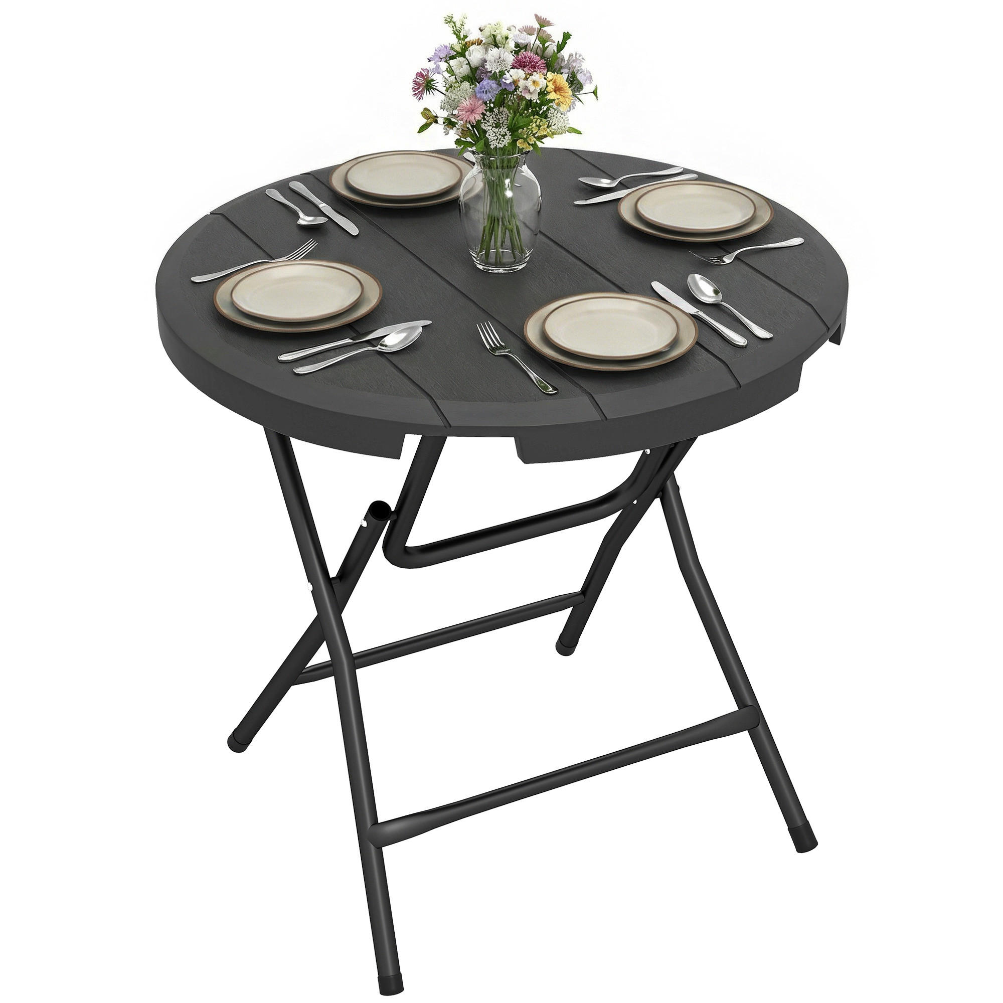 GARTENTISCH DE-07357 rund, klappbar für 4 Personen mit Holzoptik Dunkelgrau - Dunkelgrau, Kunststoff/Metall (80/80/73cm) - ComfortXL
