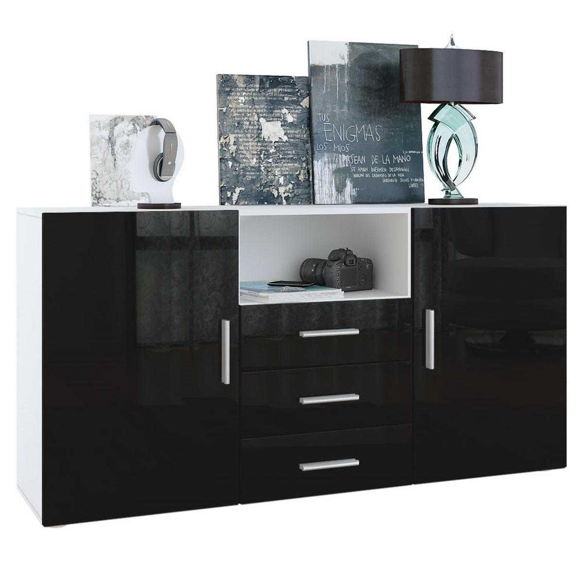 SIDEBOARD Skadu Front in Schwarz Hochglanz - Schwarz Hochglanz, Holzwerkstoff (138.5/71.5/35cm) - Vladon