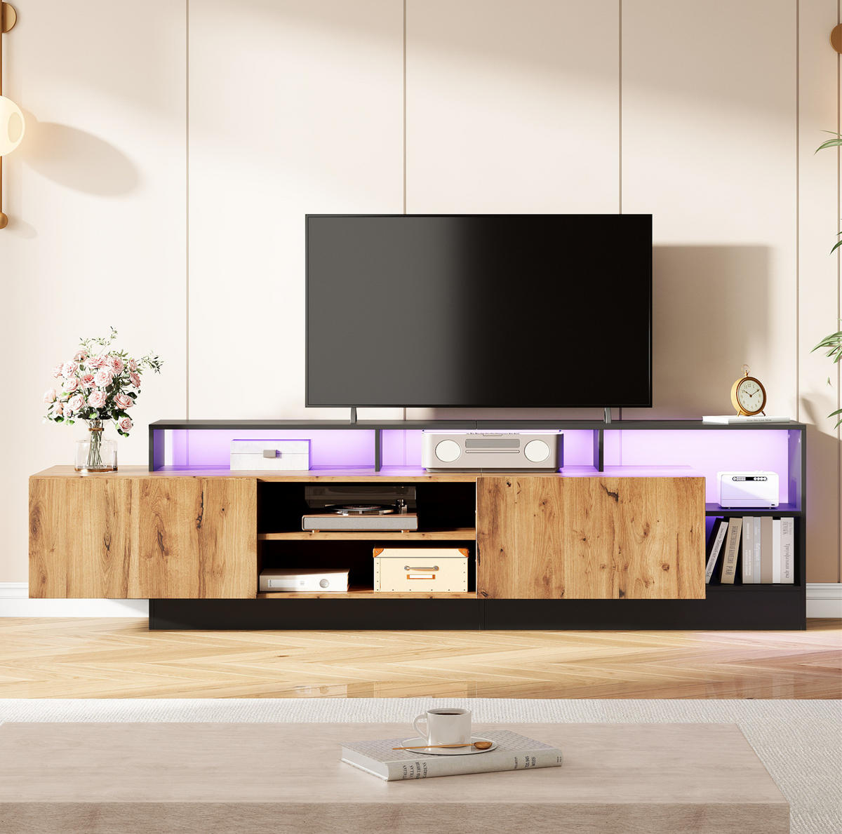 TV-LOWBOARD 190/40/48,5 cm mit LED-Beleuchtung, offenem und geschlossenem Stauraum aus Spanplatte, Schwarz/Eichefarben - Schwarz, Holzwerkstoff (190/48.5/40cm) - Redom