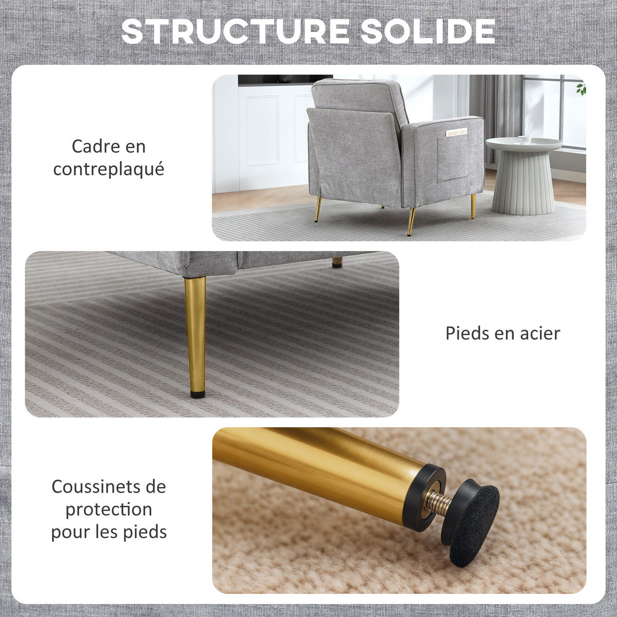 SESSEL DE-13486 mit Seitentaschen, Goldmetallfüßen Grau - Grau, Textil (84/87/81cm) - ComfortXL