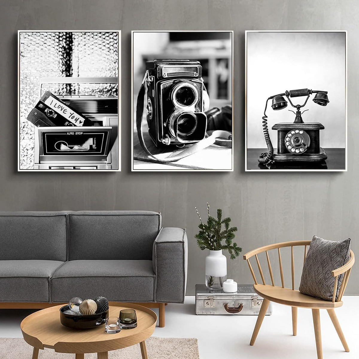 POSTER Set 3-teilig Schwarz Weiß Vintage Kameras Telefone 50x70cm - Schwarz, Papier (50/0.5cm)