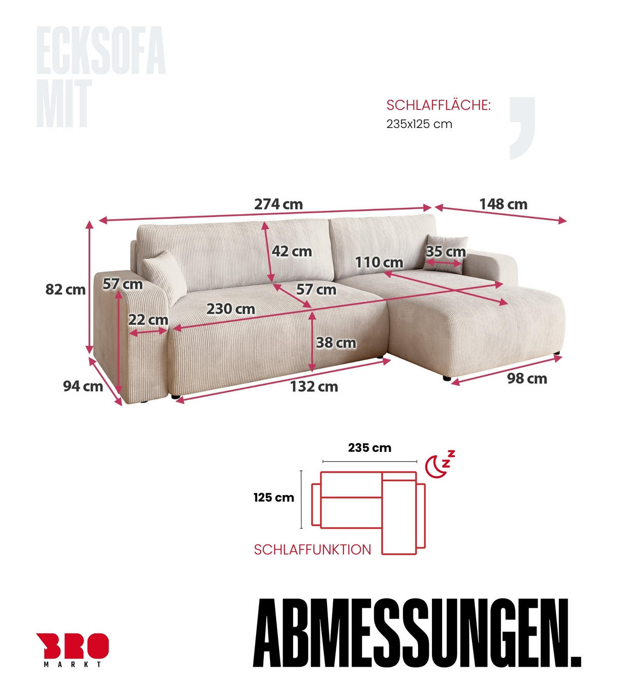ECKSOFA PUMI XL mit Schlaffunktion Vanille Cord - Creme, Textil (274/148cm) - Bromarkt