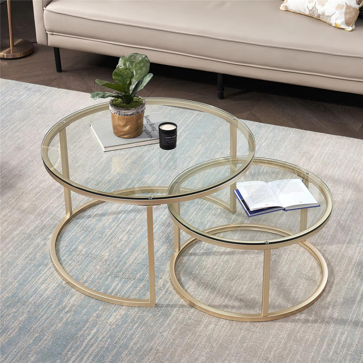 COUCHTISCH rund Glas Metall 2-in-1 Sofa Tisch modern - Goldfarben, Glas (60/60/45cm) - Kaket