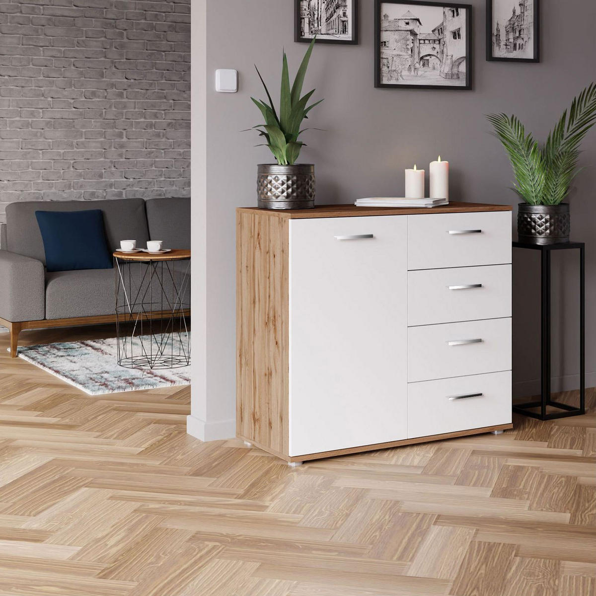 KOMMODE CHICAGO - Eiche Wotan/Weiß, Holzwerkstoff (91/82/40cm) - CARO-Möbel