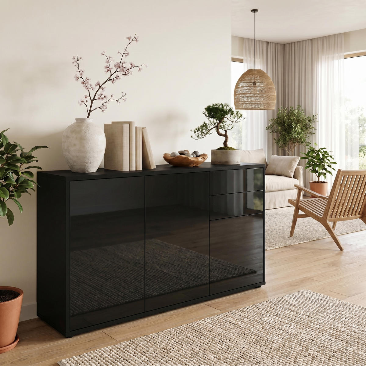 KOMMODE Ben Front in Schwarz Hochglanz - Schwarz Hochglanz, Holzwerkstoff (117/74/36cm) - Vladon