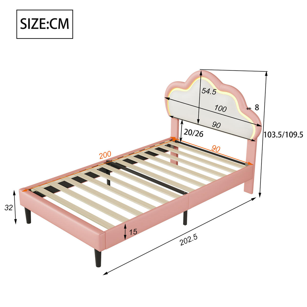 POLSTERBETT Modern mit RGB-LED & Wolken-Kopfteil 90/200 cm PU-Leder Weiß/Rosa - Pink, Textil (90/200cm) - Creahappy